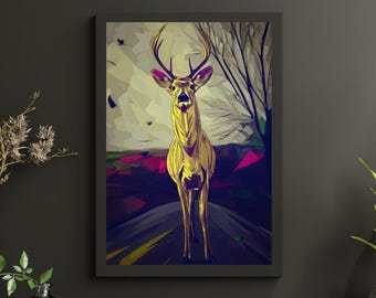Goldener Hirsch Pop Art Print: Wilde Tiere, stimmungsvolle Landschaft (Digitaler Download)