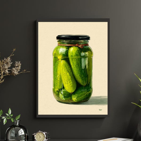 Poster augurkpot – vintage keukenmuurkunst | Illustratie van ingemaakte komkommers | Rustiek boerderijdecor