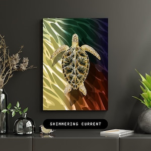 Golden Sea Turtle Art Print: Abstract Ocean Waves (Digital Download)