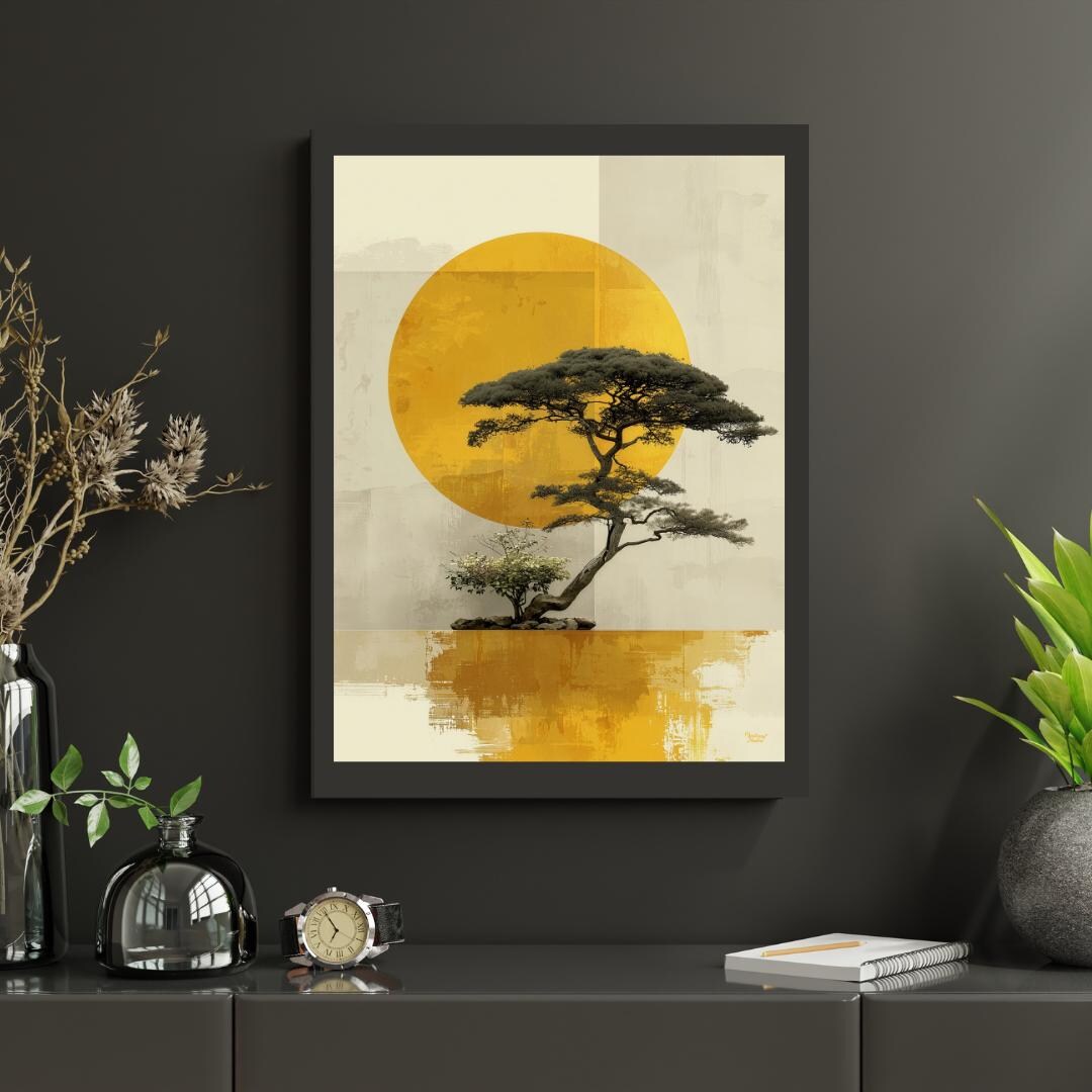 Japanese Zen Tree Poster – Golden Sun Minimalist Landscape Wall Art ...