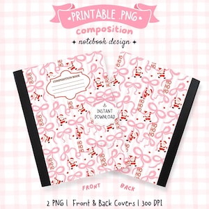 May include: Two composition notebooks with a festive Christmas design. The covers feature a pattern of pink bows, Santa Claus figures, and the text "HO HO HO" on a white background. The notebooks have black spines and the text "PRINTABLE .PNG composition + notebook design +" is at the top.