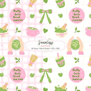 Könnte beinhalten: Nahtloses Muster mit Matcha-Illustrationen. Das Design umfasst rosa Kreise mit dem Text "Pretty Girls Drink Matcha", grüne Schleifen, Herzen, Matcha-Schalen und Matcha-Besen. Der Hintergrund ist ein hellrosa und weißes Gitter.