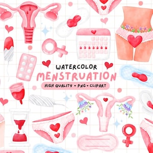 Könnte beinhalten: Aquarell-Illustration mit verschiedenen Menstruationsartikeln. Das Bild zeigt eine Gebärmutter, Binden, Tampons, Menstruationstassen, Antibabypillen und Unterwäsche mit Herzmotiven. Der Text "WATERCOLOR MENSTRUATION" ist zu sehen.