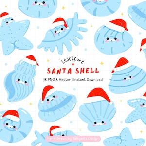Könnte beinhalten: Ein Muster aus hellblauen Cartoon-Muscheln und Seesternen mit Weihnachtsmützen. Das Bild enthält den Text "beachcore SANTA SHELL" und "18 PNG & Vector I Instant Download". Das Design ist handgezeichnet.