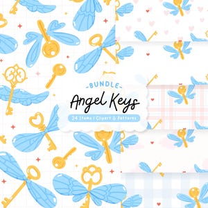 May include: A digital art bundle featuring repeating patterns with gold keys and keys with blue wings. The text "Angel Keys" is displayed on a white background. The bundle includes 24 items, clipart, and patterns.