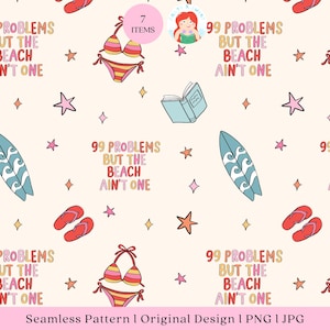 Retro Coquette Beach Seamless Pattern PNG, Summer Surf Bikini Digital Paper Art