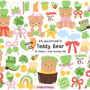 Puede incluir: Una colección de ilustraciones con temática del Día de San Patricio, con osos de peluche, tréboles, arcoíris y sombreros de duende. La imagen incluye el texto "St. Patrick's Teddy Bear" y "March 17".