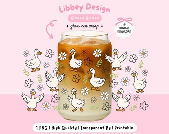 Goose & Daisies Glass Can Wrap PNG: 16oz Libbey Sublimation Design (Digital Download)