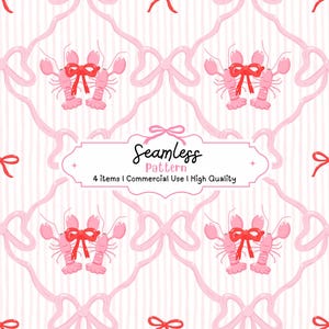 Puede incluir: Patrón sin costuras con langostas rosas adornadas con lazos rojos, sobre un fondo de lazos rosas y rayas verticales. El texto "Seamless Pattern" se muestra en un marco decorativo, junto con los detalles "4 Items | Commercial Use | High Quality."