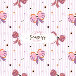 May include: Seamless pattern featuring bows with skull accents, in shades of pink, purple, and orange, set against a striped background. The design includes stars, eyeballs, and small skulls, creating a whimsical Halloween theme.