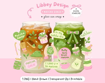 Envoltura de lata de vidrio Matcha Girlie PNG Libbey 16 oz Té verde Lazo rosa Coquette Sublimación