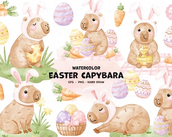 Watercolor Easter Capybara Clipart Bundle: Bunny, Egg, Spring Animal PNG, Vector Files