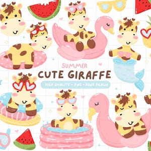 May include: A collection of cute giraffe illustrations with summer themes. Giraffes are depicted with sunglasses, swimming in pools, and on floats. The text "Summer Cute Giraffe" is also present.