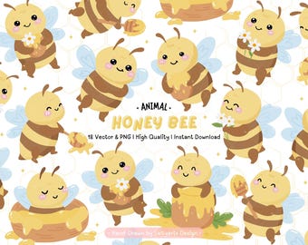 Kawaii-bij-clipartset: handgetekende honingbij, png- en vectorafbeeldingen (digitale download)