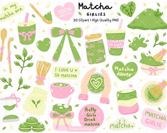 Matcha Girlie Clipart Bundle - Coquette Bows PNG, Green Tea Latte Illustrations, Kawaii Sublimation Designs