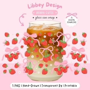 May include: A glass can wrap featuring a strawberry design with pink bows and the text "Libbey Design." The image includes a glass of iced coffee. The background is pink with scattered strawberries. The words "Digital Download" are also visible.