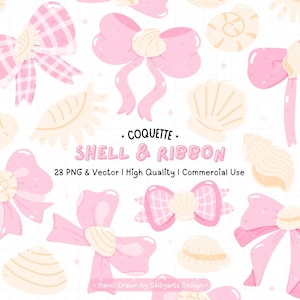 May include: A repeating pattern of pink bows and seashells on a white background. The bows have a variety of designs, including solid pink, and pink and white gingham. The seashells are beige. Text reads "COQUETTE SHELL & RIBBON".