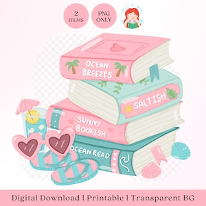May include: A stack of four books with titles like "Ocean Breezes" and "Sunny Bookish" in pink and teal. The image includes heart-shaped sunglasses, flip-flops, a drink with an umbrella, and seashells, all in a beach theme.