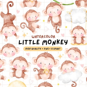 May include: A collection of watercolour illustrations featuring cute brown monkeys in different poses. The image includes the text "Watercolor Little Monkey" and "High Quality • PNG • Clipart".