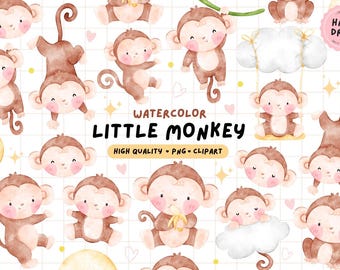 Watercolor Baby Monkey Clipart: Jungle Animal PNGs for Nursery Decor (Digital Download)