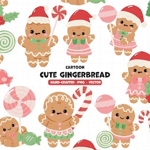 Kawaii Gingerbread Clipart | Christmas Cookie Digital Art | Holiday Party Graphics l Cute Cookie Christmas PNG & Vector