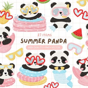 May include: A collection of summer-themed panda bear illustrations. The pandas are depicted with sunglasses, swim rings, and watermelon slices. The text "Summer Panda" is displayed with the words "High Quality + PNG + Vector".