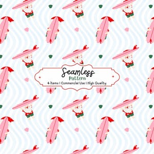 Puede incluir: Patrón sin costuras con figuras de Papá Noel con tablas de surf y sombrillas rojas, sobre un fondo ondulado azul y blanco. El diseño incluye acentos verdes y corazones rosas. El texto dice "Seamless Pattern".