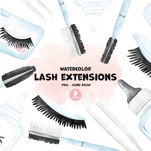 Conjunto de imágenes prediseñadas de extensiones de pestañas en acuarela: Herramientas de salón de belleza (Descarga digital PNG)