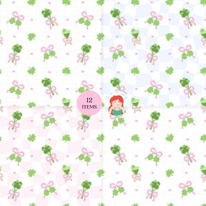 May include: Four patterned backgrounds with a repeating design of green bouquets tied with pink bows, green clovers, and small pink hearts. The text "12 ITEMS" is in a pink circle. The backgrounds are white, pink, and blue.