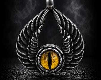 Mystic Wing Pendant, Gothic Silver Jewelry, Dragon Eye Amulet, Fantasy Ritual Talisman