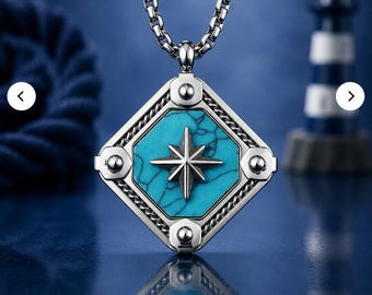 Turquoise Compass Necklace, Nautical Pendant, Stainless Steel Chain, Ocean Jewelry, Maritime Gift for Men