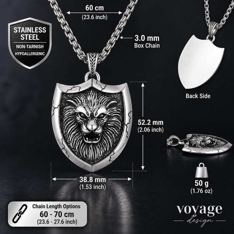 May include: A stainless steel lion shield pendant on a 3.0 mm box chain. The pendant measures 52.2 mm by 38.8 mm and weighs 50 g. The chain length is 60 cm (23.6 inches), with options up to 70 cm (27.6 inches). Text includes STAINLESS STEEL.