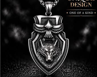 Wolf Necklace for Men, Viking Wolf Pendant, Norse Stainless Steel Jewelry