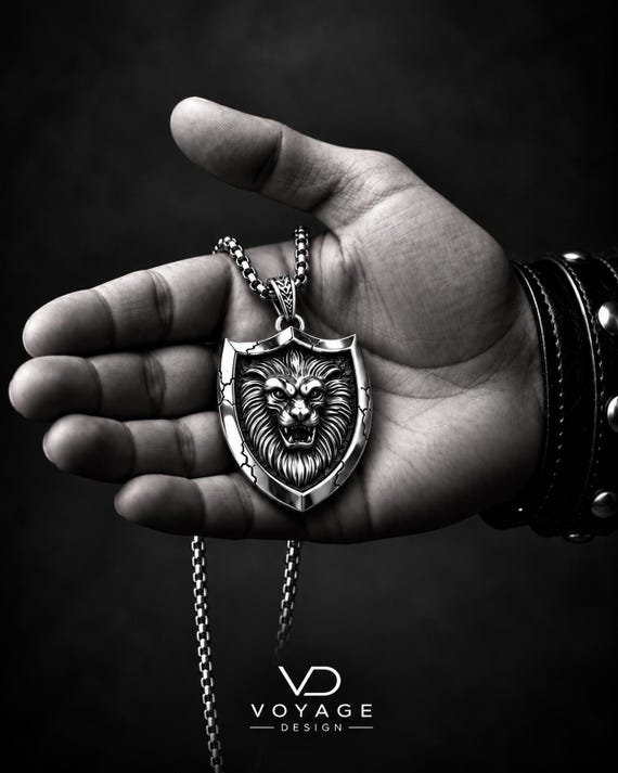 Lion Shield Pendant Stainless Steel Silver Power Jewelry Gift for Him