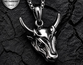 Bull Pendant for Men, Stainless Steel Western Jewelry, Viking Biker Gift