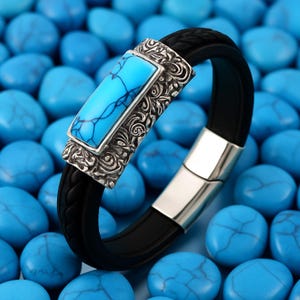 Men’s Leather Bracelet – Turquoise Stone & Silver Pattern – Handmade Vintage Jewelry – Stylish Luxury Men’s Accessory