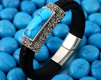 Turquoise Stone Leather Bracelet: Vintage Silver Pattern, Bohemian Style