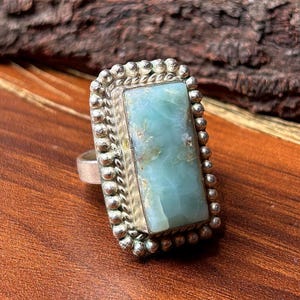 Larimar-instructiering, handgemaakte rechthoekige groene edelsteenring, boho vintage geoxideerde zilveren sieraden, uniek cadeau voor vrouwen A-04