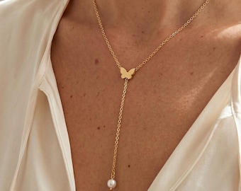 Collana a lariat delicata con farfalla e perle – Pendente a Y Argento Oro