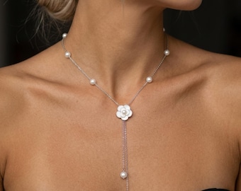 Pearl Flower Lariat Necklace, Delicate Stations, Bridal Silver Tone Jewelry