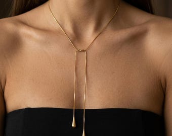 Gold Double Teardrop Lariat Necklace | Adjustable Y Drop Chain