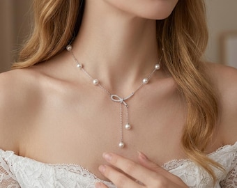Pearl Bow Lariat Necklace with Silver Tone Chain Wedding Gift