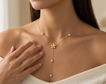 Gouden bloem lariatketting met sprankelend kristal verjaardagscadeau