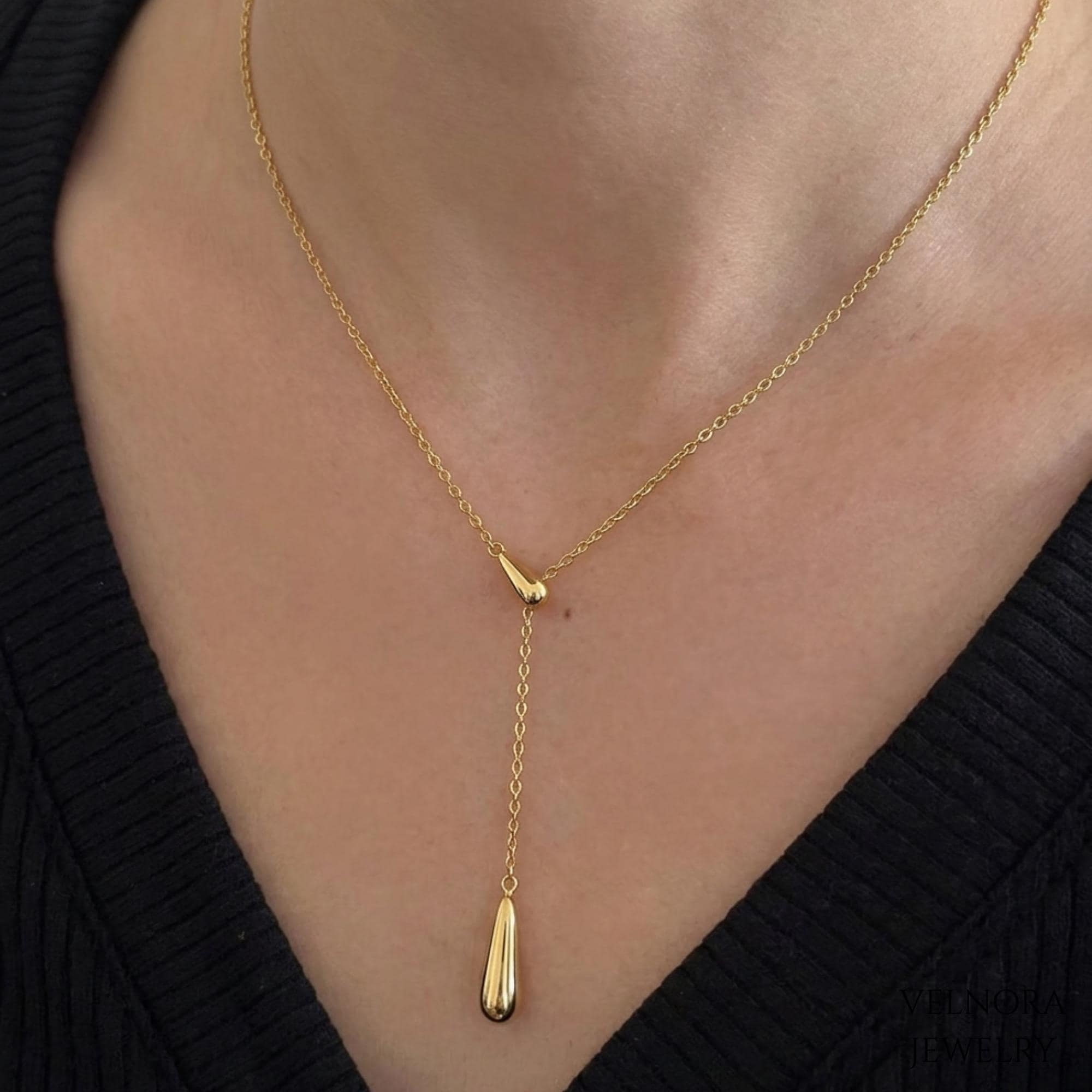 18k Gold Plated Teardrop Y Lariat Necklace, Minimalist Chain Jewelry