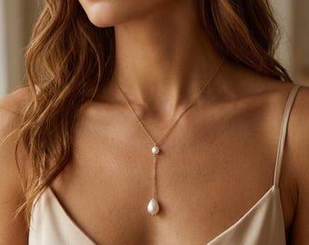 Pearl Lariat Necklace Gold Dainty Y Drop Bridal Gift