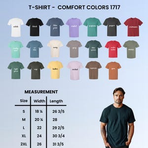 K&ouml;nnte beinhalten: Pr&auml;sentation von Comfort Colors 1717 T-Shirts in verschiedenen Farben, darunter Wei&szlig;, Schwarz und Blue Jean. Das Bild zeigt auch eine Gr&ouml;&szlig;entabelle mit Ma&szlig;en in cm f&uuml;r Breite und L&auml;nge, von Gr&ouml;&szlig;e S bis 2XL.