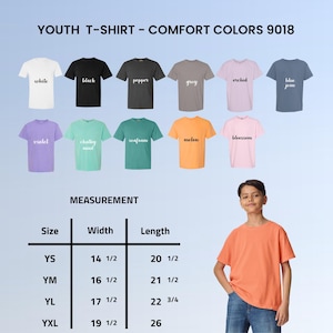 K&ouml;nnte beinhalten: Ein Jugend-T-Shirt in Melon-Farbe wird gezeigt. Das Bild zeigt verschiedene T-Shirt-Farben, darunter Wei&szlig;, Schwarz, Pfeffer, Grau, Orchidee, Blue Jean, Violett, Kreideminze, Meerschaum und Bl&uuml;te. Gr&ouml;&szlig;entabelle.