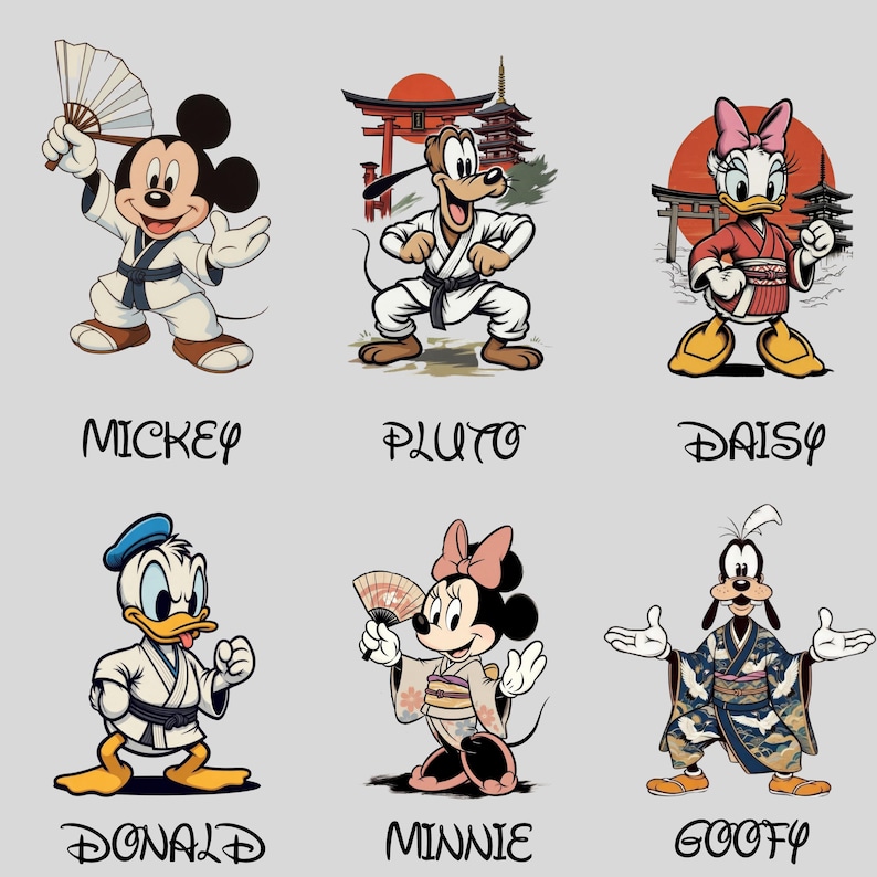 K&ouml;nnte beinhalten: Sechs Disney-Zeichentrickfiguren in japanisch inspirierten Outfits. Micky Maus h&auml;lt einen F&auml;cher, Pluto in einem Karate-Anzug und Daisy Duck in einem Kimono. Donald Duck, Minnie Maus und Goofy sind ebenfalls zu sehen, jede mit einzigartiger Kleidung. Die Namen jeder Figur sind unten geschrieben.