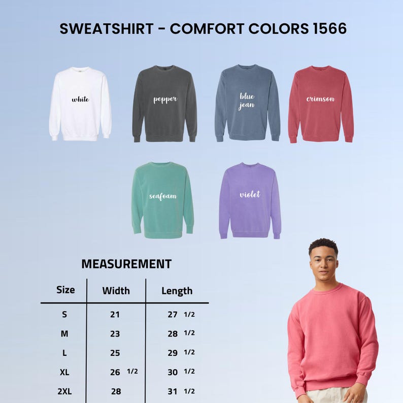 K&ouml;nnte beinhalten: Pr&auml;sentation von Sweatshirts in verschiedenen Farben, darunter Wei&szlig;, Pfeffer, Blue Jean, Karmesinrot, Meerschaum und Violett. Das Bild enth&auml;lt eine Gr&ouml;&szlig;entabelle von S bis 2XL, mit Breiten von 53.3 bis 71.1 cm und L&auml;ngen von 69.9 bis 80 cm.