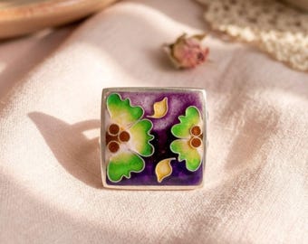 Handgemachter Cloisonné Emaille Ring aus Sterlingsilber Einstellbar Floral Statement Ring Bunte Handwerker Schmuck